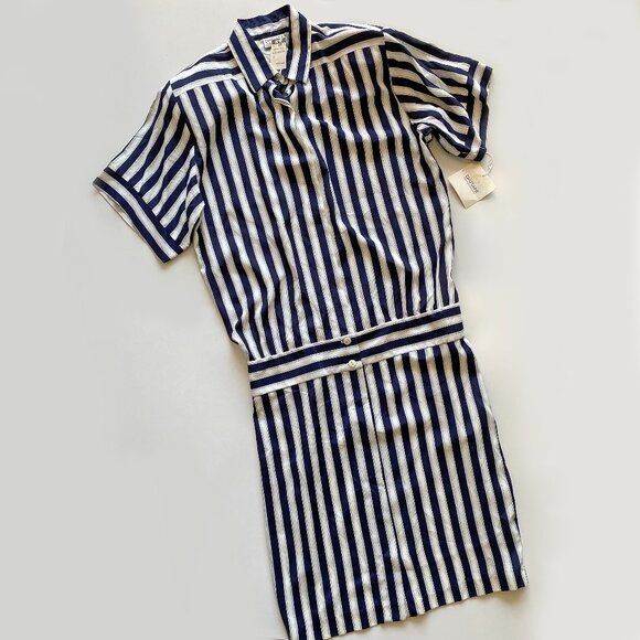 Vintage Retro 1980s DATIANI Navy & White Vertical Stripe Dress Size 12 *NWT - Picture 1 of 14